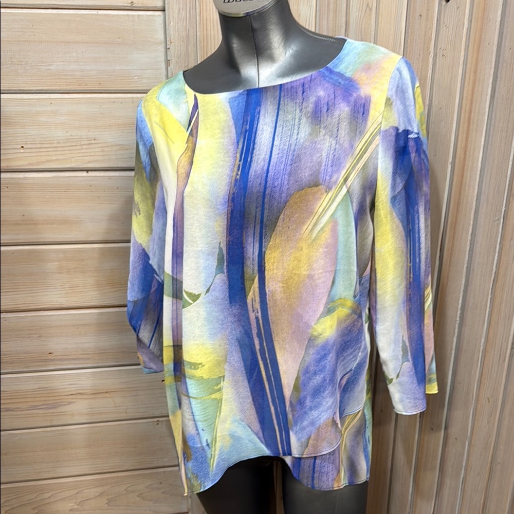 Chaus Blue and Yellow Relaxed Graphic Blouse
